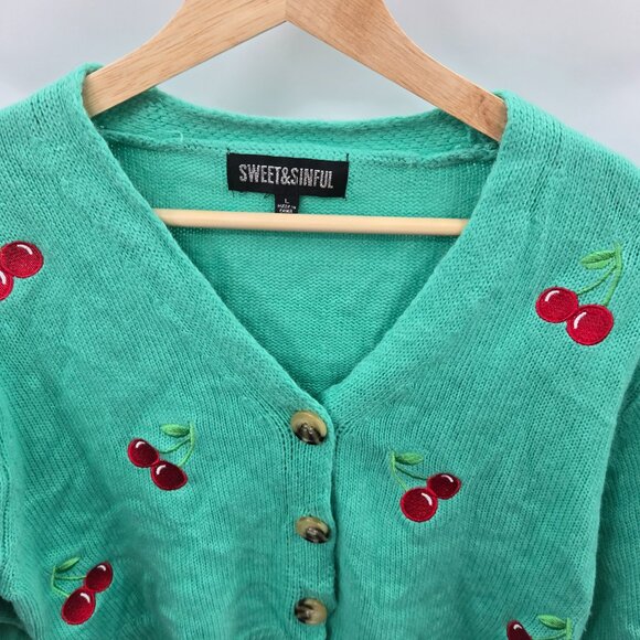 Sweet & Sinful Green Red Cherry Embroidery V-Neck Button Front Cardigan Large - Picture 4 of 14